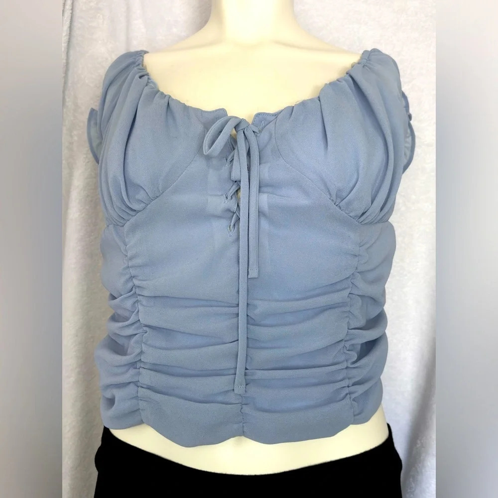 Ruched Tie-Front Top Smocked Blouse Ruffle Sleeve Blue Crop Top